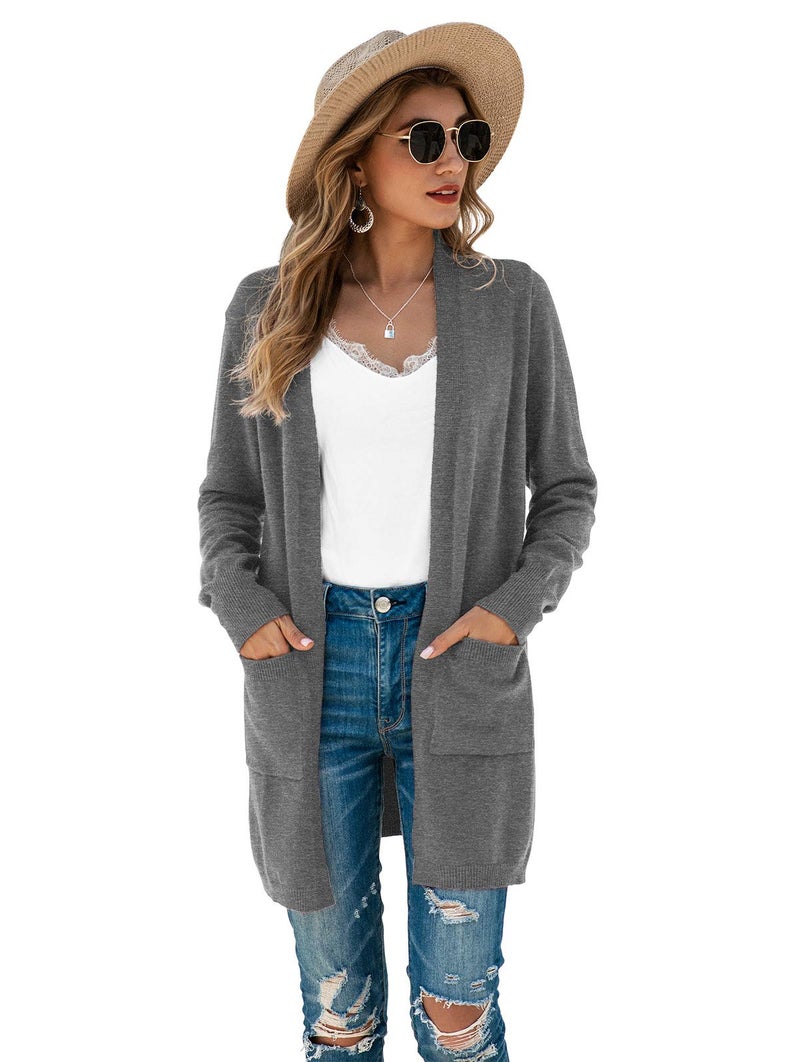 TASAMO Women's Loose Open Front Long Sleeve Solid Color Knit Cardigans Sweater Blouses with Packets (2X-Large,Gray) - Image 5